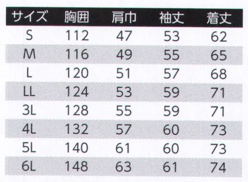 旭蝶繊維 350 難燃ブルゾン スタッパ・火炎・熱の心配無用。さらに着心地、動きやすさ抜群！◎JIST8128:2018、ISO11611:2015 溶接用防護服◎着用者をスパッタ（溶融金属の小飛沫）、火炎と短時間暴露、溶接用電気アークから防護するための防護服。（DC100V電気ショックを最小限にする）◎JIST8129:2018、ISO11612:2015 耐熱耐炎防護服◎着用者の手を除く身体を熱及び火炎から防護するための防護服。■形状特徴・首元マジックテープ付下前立て付・袖口ボタン（表裏隠しドットボタン仕様）・裾ボタン（表裏隠しドットボタン仕様）・右袖ピクトグラム刺繍・両胸ポケット（フラップ付）・脇下スゴ腕革命・背中が出にくい上下重なり設計・テールカット仕様（片布付）※天然素材のため多少の色差が生じる場合があります。洗濯により色落ちする可能性があります。また、湿った状態での着用により色移りする場合がありますので、ご注意ください。溶接時に発生する紫外線により、変色する恐れがあります。お取り扱いにご注意ください。※「8 ベージュ」は、販売を終了致しました。 サイズ／スペック