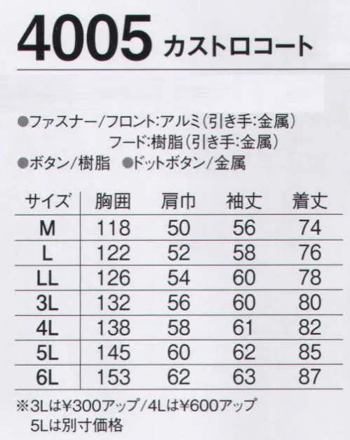 旭蝶繊維 4005 カストロコート 4005/4006/10000 SERIES   裏地は暖かな素材で着心地のいいボアです。※「1ダークオリーブ」は、販売を終了致しました。 サイズ／スペック