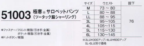 旭蝶繊維 51003 極寒 サロペットパンツ（ツータック・脇シャーリング） 51001/51002 SERIES   水に、寒さに威力を発揮。厳しい自然条件から身体をガード。 サイズ／スペック