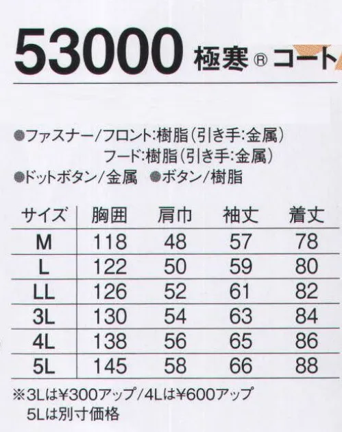 旭蝶繊維 53000 極寒 コート 最新の極寒仕様で、働く人をサポートします。 サイズ／スペック