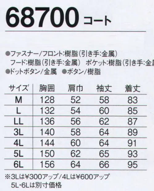 旭蝶繊維 68700 コート 「ウーリーディンプルメッシュキルト」の凹凸のあるメッシュ素材で、ムレを追放。空気層が心地良い暖かさを持続させます。●アウトフード。取り外せてフードの有無、2WAYで使用できる。●内ポケット。大切な物の収納性をアップする便利な内ポケット。●袖口マジックテープ。袖口が絞れてフィット感を調節可能。●左右脇ポケット雨蓋ファスナー付き(マジックテープ付き・左右脇）大切な物の保管に便利。 サイズ／スペック