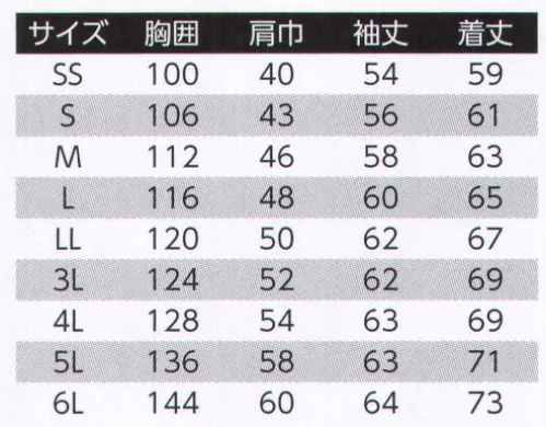 旭蝶繊維 8202 長袖ブルゾン スタイリッシュで爽快なワークウェア登場高通気ストレッチ男女で使える充実したサイズ展開。サラベール～風通る心地よさ～●高通気性特殊技術で凹凸を発現させたポリエステルにより、原糸間にすき間が生まれ、高い通気性を実現します。●吸水速乾性繊維に刻まれた凹凸の溝が、優れた吸水性（毛細管現象）を発揮。素早く汗を吸い上げ、拡散・乾燥します。●ドライタッチサラベールのシャリ感、特殊織り組織により、サラッとした肌離れの良い快適な着心地を実現します。テクニカルストレッチ身体の動きに対応する快適なストレッチ性特殊織り組織プラス特殊仮撚加工ポリエステル糸により、ヨコ方向・約15％の大きなストレッチを生み出します。染色工程内での熱水処理段階において特殊仮撚ポリエステルが捲縮し糸にゆとりができます。このゆとりが快適な横ストレッチを実現。※「7 ネイビー」「11 チャコール」は、販売を終了致しました。 サイズ／スペック