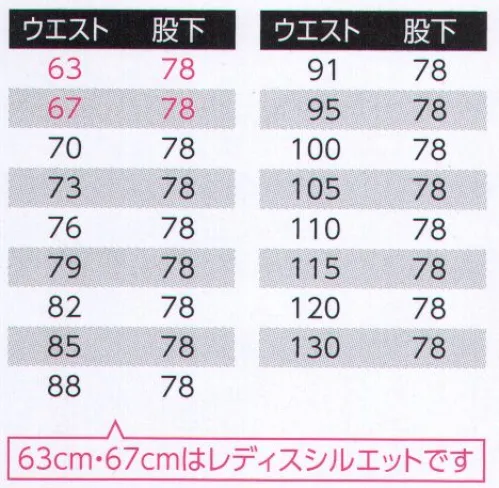 旭蝶繊維 841-A パンツ（ノータック） 春夏秋の3シーズン対応 着用の幅が広がる体にフィット感のある細身シルエットですっきりとした印象を与える商品です。※ウエスト115cm以上は「841-B」に掲載しています。※ウエスト63cm・67cmはレディスシルエットです。 サイズ／スペック