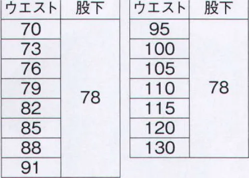 旭蝶繊維 E7505-A パンツ（ワンタック） 吸汗速乾性に優れた最新ウェアの登場。 高い吸汗・速乾性 再帰反射材で夜間の安全を確保 JIST8118適合帯電防止防止素材 ●スダレ織りサバービア:立体感のあるスダレ織り構造で肌と生地の接触が少ないのでさらっとした着心地。スダレ織り構造により通気性がよく、熱がこもらない。（T/Cウエザーに比べ通気性は約3倍）しわになりにくく、優れた寸法安定性。 ●カーボンオフセット商品（排出権付きユニフォーム）:「カーボンオフセット」とは、省エネ等などでもどうしても削減できないCO2など温室効果ガスの排出を、森林植林や温室効果ガス削減の事業などによって、他の場所で相殺（オフセット）する欧米で活発化している環境貢献への取組です。※2014年9月より、定価・販売価格を改定致しました。 サイズ／スペック