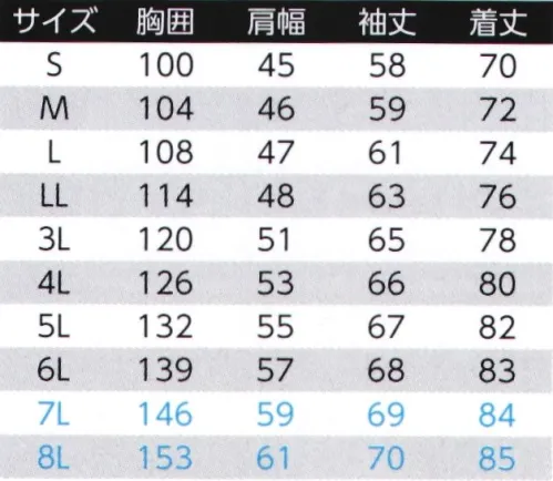 旭蝶繊維 E7874 高視認長袖シャツ JIS規格JIST8127国際規格ISO20471に適合した高視認性安全服・高所からの視認性を確保・前傾姿勢での視認性を確保夜間の視認性を高める、再帰性反射材を使用。360°全方向からの視認性を実現。肩越し反射材使用であらゆる角度からの視認性を確保・エコマーク対応・JIST8118適合・傷つけ防止設計再帰性反射材の取扱について再帰性反射材は、表面にガラスビーズを塗布して制作したものです。ご家庭での繰り返しの洗濯や洗濯表示以外の取り扱い、または局部的に摩擦を受けた場合は、反射輝度が低下する恐れがあります。再帰性反射材に酸性・アルカリ性などの化学薬品や油脂、汗などの汚れが付着すると化学変化により、再帰性反射材が変色したり反射輝度が低下する事がありますので、付着した場合は、直ちに中性洗剤または、きれいな水で洗い流し、よく乾燥させてください。漂白剤は使用しないで下さい。漂白剤は再帰性反射材にダメージを与える恐れがあります。きつくしぼらないで下さい。反射テープは特性上、縫製時の圧迫・押痕による、キズや変色により見栄えが悪くなる場合がありますが、実着用においても起こる現象(外観変化)であり、反射性能が完全に失われる事はありませんので、反性質とご理解ください。高視認性安全服の取扱について高視認性安全服は、ヘルメットや安全帯安全靴同様に、大きく外観が変化した物(変色・退色・汚れ・反射材の劣化等)は､視認性が低下して高視認性安全服としての性能が発揮できなくなり、車両との事故のリスクが高まるので、新しい製品との交換を強くお勧めします。 サイズ／スペック