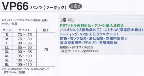 旭蝶繊維 VP66 パンツ（ツータック） VP63/VP68 SERIES   防シワ・防縮・吸水速乾でお手入れラクラク。抗菌防臭で爽やかな着心地。 防シワ効果・防縮効果が永続するため、優れた保型効果・速乾効果・保色効果で型くずれなく洗濯をくりかえしてもしなやか。※「11 グレー」は、販売を終了致しました。※2014年9月より、定価・販売価格を改定致しました。 サイズ／スペック