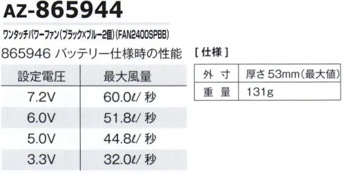 アイトス空調服 AZ-865944 ワンタッチパワーファン（ブラック×ブルー2個）（FAN2400SPBB） ●最大風量 60.0リットル/秒（ファン2個あたり）●865929・865930に比べ、最大風量が23％UP●動作寿命は800時間（出力7.2Vでの動作寿命）■バッテリー使用時の性能設定電圧:7.2V⇒最大風量:60.0リットル/秒設定電圧:6.0V⇒最大風量:51.8リットル/秒設定電圧:5.0V⇒最大風量:44.8リットル/秒設定電圧:3.3V⇒最大風量:32.0リットル/秒※ファン2個の性能です。※パワーファン対応バッテリー（865946）を合わせてご使用ください。他のバッテリーをご使用になると、不具合が起こる場合があります。※この商品はご注文後のキャンセル、返品及び交換は出来ませんのでご注意下さい。※なお、この商品のお支払方法は、先振込(代金引換以外)にて承り、ご入金確認後の手配となります。 サイズ／スペック