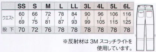 アイトス AZ-1727 ワークパンツ(ノータック) シーンを選ばないスタイリッシュ高視認性ウェア。危険の多い夜間、屋外で働く作業員のユニフォームなどの安全性向上に優れた効果を発揮します。●携帯電話専用ポケット。上着がなくても、ドライブ中でも出し入れがしやすい専用ポケット。●右側ファスナーポケット。伝票やメモを無理なく収納できます。●パンツ配色裾仕様。汚れが目立たないように、裾は配色カラーにしました。●滑り止めシリコン・パイピング。後ろベルト裏にスポーツウェアで実績のあるシリコンパイピングの滑り止めを採用。高視認性シリーズのウェアは、昼間は蛍光色で存在を示し、夜間は反射材で車のヘッドライトなどの光を効率的に反射し、明るく輝いて見えるすぐれた特性を備えています。特に、危険の多い夜中、屋外やトンネルで着用するワークウェアとして様々な用途にご利用頂けます。※高視認性作業服は、昼夜を問わず着用者の存在を明らかにし、着用者を危険から回避させ、夜間は反射材により車のヘッドライトで着用者を素早く発見し、危険回避することを目的としていますが、着用することにより事故を未然に防ぐ事が出来るのを保証するものではございませんのでご注意下さい。 サイズ／スペック