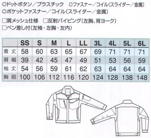 アイトス AZ-2530 長袖サマーブルゾン（男女兼用） そのストレッチ性はワークウェアの限界領域へ！従来のストレッチ素材の概念を覆す、軽さ、強さ、動きやすさとやさしい肌触り。ストレッチサマー裏綿 ウルトラスーパーストレッチシリーズ従来からストレッチ性のある素材はポリウレタンを主流としてきました。しかし重い上に劣化しやすいという欠点があり、毎日着用する上で耐久性が求められる作業用のユニフォームとしては完全に満足できる素材とは言えませんでした。アイトスでは新しく「東レ Lightfix（ライトフィックス）」を採用、特殊な方法で強度の高いポリエステルをバネ状に加工した素材で、従来のポリウレタン製素材の欠点を克服しました。伸びるだけでなく戻り時にも優れた特性を発揮し、軽くストレスのない動きを実現する次世代のストレッチ素材です。Lightfix®軽い！伸びる！動きやすい！バネのようなストレッチ素材ポリエステルをバネのような形状に加工したライトフィックスは従来のストレッチ素材であるポリウレタンに比べて軽く、ストレスのないストレッチ性を実現。またストレッチバック（伸縮回復性）にも優れているので常に体の動きに追従し、型崩れがしにくい素材です。素材の特性を引き出すデザインとカッティング・脇部分をつなぎ目のない一枚布にして、腕の上げ下げ時のストレスを軽減。・ゆとりのあるノーフォークスタイルで腕の動きがさらにスムーズに。優れたストレッチ性で、寝る、かがむ体勢から立つまでの動きがよりスムーズ。足を伸ばす、広げる等の作業がストレスなく行え、ストレッチバック（伸縮回復性）にも優れているので体になじみ、着用時の着崩れを最小限に抑えます。●肩裏メッシュ仕様肩裏のベタつきを防ぐメッシュ仕様。●肩ヨーク・メッシュカッティングデザイン性と通気性を両立させたスポーティカッティング。●胸ファスナーポケット収納物を出し入れし易い斜め型のファスナーポケット。●胸フラップポケット（反射パイピング付）ポケットフラップは、正面からの視認性をアップさせる反射パイピング仕様。●反射材付ペン差し作業中でもサッとペンが取り出せる。反射材付で視認性もアップ。●IDハンガーIDカードなどをスマートに装着できるループを装備。●スポーツカッティング仕様脇部分は機動性をサポートするスポーツカッティングを採用。●大型内ポケット（野帳収納）便利な大型の内側ポケットに野帳等を収納可能。●ペン差し内ポケット前立て内側にペン差しポケットを装備。●反射パイピングアクセントにもなる背中の反射パイピングで視認性をアップ。●メッシュベンチレーションベンチレーションの内側をメッシュにすることで、動きやすさと通気性を両立。 サイズ／スペック