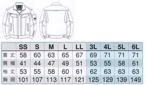 アイトス AZ-30530 長袖ブルゾン AZITO COOL STRETCH Seriesメッシュ仕様で涼感UP！(背ヨーク&前身頃部分)アクションプリーツ&ストレッチ性能で動きやすい。【COOL STRETCH】ふんだんにベンチレーションを装備。快適性UP！●背裏メッシュ。汗のベトつきを押さえ、通気性も確保。●フラップポケット。すばやく開閉できるマジックテープ仕様。●再帰反射材使用。背中に再帰反射材パイピングを施し、視認性をUP！●ヨークベンチレーション。ヨークにベンチレーションを設け、快適性UP。●アクションプリーツ。腕の動きをサポート。●ペン差し付きポケット。ペンやスケールなどが出し入れしやすい便利な装備。●袖ペン差し。袖の取り出しやすい位置にペン差しを装備。●胸切り替えベンチレーション。胸切り替え部分にベンチレーションを儲け、快適性UP。●肘タック。肘部分にタックを入れることで腕が曲げやすい。●脇ポケット。小物や手帖の収納に便利なポケット。●袖ポケット。左袖にはキー、コイン等の小物が収納できるポケット付き。ファスナー、反射テープ付。●袖口アジャスター。ドットボタンで二段階に調節が可能。●ウエストアジャスター。ウエストのサイド部分はドットボタンで二段階に調節が可能。 サイズ／スペック