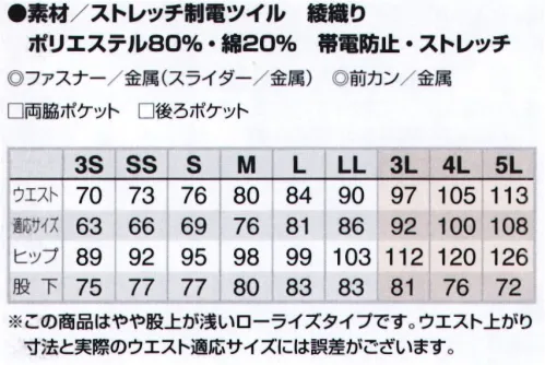 アイトス AZ-50501-A ストレッチパンツ カッコイイだけじゃない、安心の JIS T8118 適応ストレッチパンツ。わずかにローライズしていながら、腰骨位置でフィットするパターンです。前が下がり気味で後ろパンツは上がっている為、作業中にかがんだりしても背中が見えにくい工夫を施した、男女兼用でのサイズ展開をしたストレッチ入りパンツです。後ろパンツには口寸が大きい箱ポケットを左右に付けました。前パンツには口寸が大きい斜めポケットを左右に付けました。ファスナーや前カンは工業洗濯に耐えられる強度の物を使用。パンツの見返しには制電糸を織り込んだストライプ生地を使用。流行に左右されない長年はけるベーシックなストレートシルエットです。通年着用できるベーシックなチノパンです。選べる22色！頼れる機能性！男女兼用に対応！アイトスのプラススタイル！ストレッチ・カラーパンツコレクション！※他のお色は「AZ-50501」「AZ-50501-B」に掲載しております。※「16 ブルーグレー」「19 イエロー」「62 プラム」「66ピーコックブルー」「70マゼンダ」「76 アイアンブルー」「79パープル」は、販売を終了致しました。 サイズ／スペック