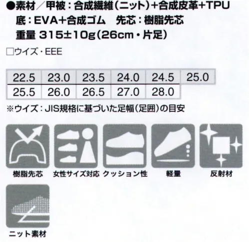 アイトス AZ-51661 セーフティシューズ（男女兼用） 特殊配合の高反発EVAクッション採用でさらに快適・軽量仕様+厚底スーパークッション機能・アッパーのニット素材が適度にフィットし動きやすい・ニット素材の通気性で足ムレしにくくいつも快適・優れたクッション性により倉庫、運送、建築現場など立ち仕事などで足の疲れを軽減してくれます。・柔らかTPUパーツ サイドからしっかり足を安定させますソフトTPU素材のサイドパーツが、靴紐を締める時に弾力性を発揮し、サイドからより足へのフィット、安定感を向上させます。 サイズ／スペック