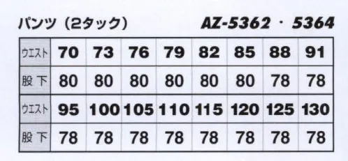 アイトス AZ-5362-1 ワークパンツ（2タック） エコT/Cマルチワーク 爽快かつ清涼、幅広い汎用性。実用新案スイングスリーブ。カラーコーディネートが職場での存在をアピール。幅広い分野に対応するエコマーク商品。実用新案「スイング スリーブ」で動きラクラク。機能性に自信あり。グリーン購入法判断基準対応。※サイズ「125」「130」は、商品番号「AZ-5362-2」に掲載しております。 サイズ／スペック