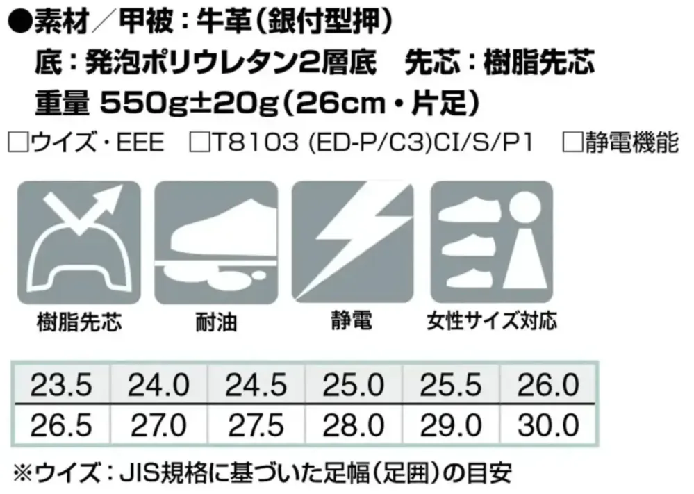 アイトス AZ-59603 安全靴（男女兼用）（GT-310） サイズ・スペック