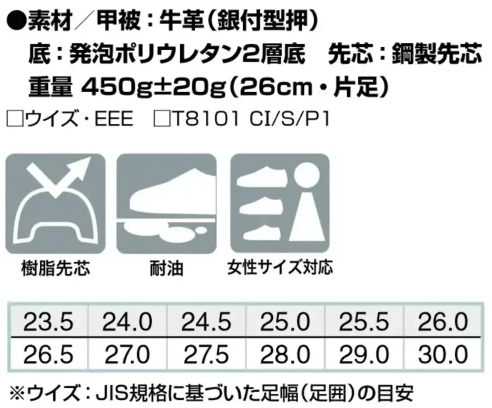 アイトス AZ-59607 安全靴（男女兼用）（G110） サイズ・スペック