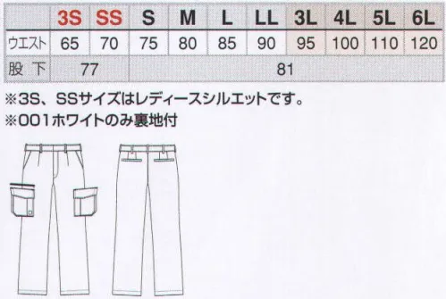 アイトス AZ-60421 カーゴパンツ（1タック） NEW AZITO SERIESすっきりシルエット、鮮明なカラーで好印象を演出。発色性、耐洗濯性に優れた交織生地を使用。●カーゴポケット。開閉しやすいマジックテープ仕様。●ツインループ。キーやキーチェーンが取り付けられる仕様。●ペン差し付きポケット。作業中に使用するペンやマジックなどを取りやすく収納。●ファスナー付きポケット。安心収納のファスナー付きポケット。 サイズ／スペック