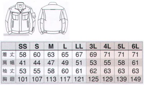 アイトス AZ-60701 長袖ブルゾン タフな現場に頼れる一着、洗練されたデザインが魅力AZITO使い込むほどに味わいが出る綿素材、細身デザインで耐久性に優れ、実用性も兼ね備えたニュー定番モデル。綿100％素材を使用、厳しい作業環境にも丈夫さで対応。●再帰反射材使用背中に再帰反射材パイピングを施し、視認性をUP。●アクションプリーツ腕の動きをサポート。●胸ポケットマチを入れることで圧迫感なく収納。●ウエストアジャスターウエストのサイド部分はドットボタンで二段階に調節が可能。●ペン差し付きポケットペンやスケールなどが出し入れしやすい便利な装備。●袖ペン差し袖の取りやすい位置にペン差しを装備。●肘タック肘部分にタックを入れることで腕が曲げやすい。●脇ポケット小物や手帳の収納に便利なポケット。●袖ポケット左袖にはキー、コイン等の小物が収納できるポケット付き。ファスナー、反射テープ付き。●袖口アジャスタードットボタンで二段階に調節が可能。※「5 アースグリーン」は、廃色予定です。 サイズ／スペック