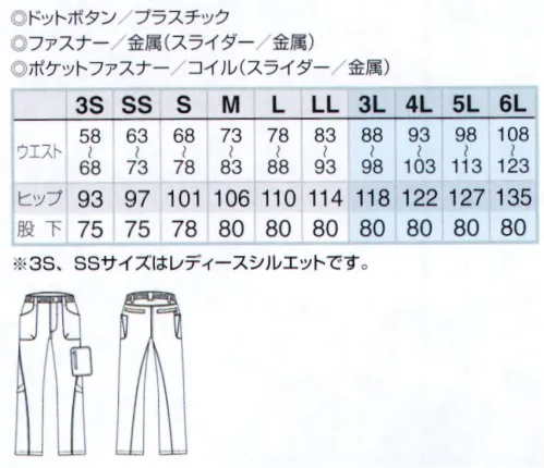 アイトス AZ-7844 ストレッチパンツ（ノータック） 運動性を追及したハイテク・スポーティーイメージ。今までにない発想からのこだわりのデザインが、個性的なワークシーンを演出。快適ストレッチ！ストレッチ性とキックバック性に優れたT/C生地使用！ストレスフリーな“動きやすさ”を追求したパンツの誕生！立体シルエットにより、動きやすさを考慮。生地・仕様共に伸縮性を考慮した機能パンツ。女性需要を考慮し、レディースシルエット（3S・SS・Sサイズ）を採用。 サイズ／スペック