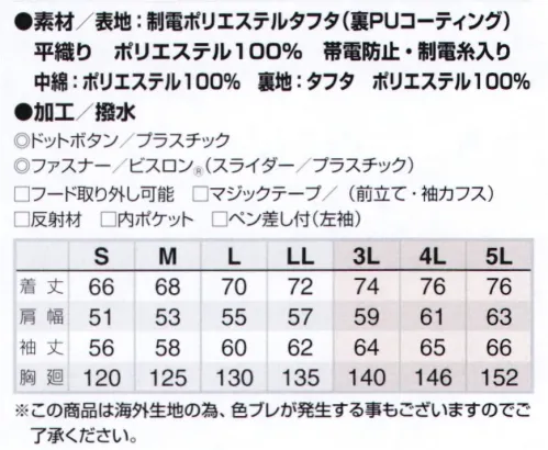 アイトス AZ-9366 制電防寒ブルゾン（男女兼用） Antistatic ability wind barrier.JIS T8118適合の実力派制電機能、360°反射材採用で安全にも配慮。防風機能も備えてどんな場所でも快適。※この商品は海外生地の為、色ブレが発生する事もございますのでご了承ください。 サイズ／スペック