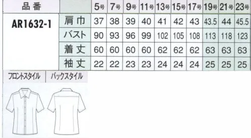 アルファピア AR1632-1 半袖ブラウス 働く女性のマストアイテム。形態安定加工ブラウス。防汚加工で汗ジミなどの汚れが付きにくく、付着してもすばやく落とせます。形態安定加工はアイロンがけが簡単で、お洗濯の手間を解消。繰り返し洗っても効果はそのまま。吸湿・吸水性にも優れ快適に着こなせます。いつもキチンと見える形態安定加工ブラウスはホントにうれしい！※19・21・23号は受注生産になります。※受注生産品につきましては、ご注文後のキャンセル、返品及び他の商品との交換、色・サイズ交換が出来ませんのでご注意くださいませ。※受注生産品のお支払い方法は、先振込み（代金引換以外）にて承り、ご入金確認後の手配となります。 サイズ／スペック