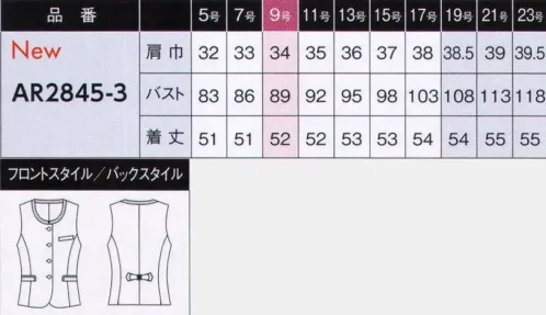 アルファピア AR2845-3-B ベスト　19号(特注)～23号(特注) 知的に輝き、信頼を生む、スタイルのある装い。ブラックに配色されたラウンド＆プチスラッシュネックラインが洗練された印象のベスト。両腰のポケットにもブラックのトリミング。モノトーンに華やぎをプラスしたデザインです。 ※19・21・23号は受注生産になります。※受注生産品につきましては、ご注文後のキャンセル、返品及び他の商品との交換、色・サイズ交換が出来ませんのでご注意くださいませ。※受注生産品のお支払い方法は、前払いにて承り、ご入金確認後の手配となります。 サイズ／スペック