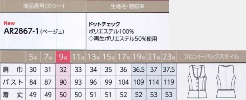 アルファピア AR2867-1 ベスト 涼しく、優しいベージュニュアンスの「ドットチェック」リズミカルな美しさを生む新鮮なドットチェック。高通気性で涼しく、環境にも優しいエコ素材です。～風を感じる～Air feelパイピングを施したダイヤモンドネックラインが端正な印象を与えるベスト。腰のペプラムで女性らしいシルエットに。総裏仕上げで、オールシーズン快適な着心地です。【ドットチェック】再生ポリエステルを使用したエコ素材。ポリエステルの長短複合糸を使用して、上品なニュアンスのある織り柄をつくりました。強撚糸の持つ清涼感に加えて、織り組織にも工夫を加えることで、高い通気性を持たせた高級感のある素材です。※19・21・23号は受注生産になります。※受注生産品につきましては、ご注文後のキャンセル、返品及び他の商品との交換、色・サイズ交換が出来ませんのでご注意くださいませ。※受注生産品のお支払い方法は、先振込み（代金引換以外）にて承り、ご入金確認後の手配となります。 サイズ／スペック