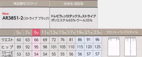 アルファピア AR3851-2-B スカート(タイト)　19号(特注)～23号(特注) トレビラ×SOLOTEX BLACK STRIPE佇まいの美しさが際立つブラックストライプスーツ。新しい感性を感じさせるカッティング。さりげなく、美しさが冴えるピンストライプ。誠実さが映えるブラックストライプスーツです。端正な佇まいを印象づけるタイトスカート。程よいゆとりで履き心地がよく、ヒップを強調しないシルエット。【トレビラ・マイクロは高級感あふれるハイテク素材！】●極細ウールを超える細さ。超極細の「トレビラ・マイクロ」は、スーパーファインウールのようにソフトで高級感のある手触りを実現します。●毛玉ができにくく、お手入れラクラク。「トレビラ・マイクロ」は毛玉ができにくく、ホームクリーニングが可能。長期間着用しても美しさが損なわれない安定性が魅力です。●環境にもやさしく。エコテックス規格100を遵守。ホルムアルデヒド、重金属、残留農薬、あるいは有機塩素化合物のような有害物質に定められた臨界値の維持が保証されています。【ソロテックスは、シワが付きにくく、とれやすい！】●シワがつきにくい。ソロテックスはハリ・コシとストレッチ性があり、長時間座ってもお腹周りやヒップにシワがつきにくく、長時間着続けても、ひじ抜けや膝抜けなどの型崩れを防ぎます。●シワが取れやすい。糸自身のバネ状の分子構造により、押さえられると元に戻ろうとする働きを発揮し、シワを伸びやすくします。霧吹きをかけておけば、さらに効果大。洗濯しても型崩れしにくく、快適な着用感を保ちます。【トレビラ ソロテックスストライプ】シワになりにくくシワがとれやすい、しなやかなストレッチ性を有したファインウールタッチ素材。シャドーを効かせたピンストライプが都会的な洗練された印象をつくります。気になるパチパチ感のもとになる静電気を溜めにくくする導電性繊維を織り込んでいます。※19・21・23号は受注生産になります。※受注生産品につきましては、ご注文後のキャンセル、返品及び他の商品との交換、色・サイズ交換が出来ませんのでご注意くださいませ。※受注生産品のお支払い方法は、先振込み（代金引換以外）にて承り、ご入金確認後の手配となります。 サイズ／スペック