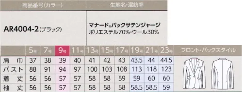 アルファピア AR4004-2 ジャケット ベーシックな印象のテーラードジャケット。動きやすさを極めた独自のパターンで、機能性も満載です。機能美を叶える4つのポイント！●POINT1「AIR CLEAR®」エアクリア® 空気のチカラで抗菌・消臭・空気中の酸素や水蒸気に反応して起こる酸化還元作用が、繊維上の雑菌等の有機物を分解することにより、抗菌・消臭機能を発揮します。・耐久性に優れ、洗濯30回後も効果は持続します。また、素材そのものの風合いを損なうことがありません。●POINT2 美しさと強さを合わせ持った高機能素材「マナード®」ウールとポリエステルの繊維を均一にミックスさせた長短複合紡績糸「マナード®」。特殊な技術で作られた糸は他にはない美しさと強さを合わせ持っています。●POINT3 「ニット」で動きやすく全方向にぐーんと伸びるジャージ素材。超極細の糸使いと凹凸ある表面感で仕立映えもグッド。アクティビティとクリオティを両立。●POINT4 不快なパチッを防ぐ「制電テープ」全アイテムに制電テープを縫着。パチッと来る静電気とホコリ付着を防ぎます。※19～23号は受注生産になります。※受注生産品につきましては、ご注文後のキャンセル、返品及び他の商品との交換、色・サイズ交換が出来ませんのでご注意くださいませ。※受注生産品のお支払い方法は、先振込み（代金引換以外）にて承り、ご入金確認後の手配となります。 サイズ／スペック
