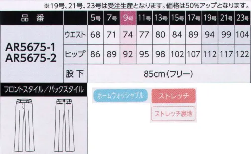 アルファピア AR5675-1 パンツ 脚長効果のあるセンタープレスパンツ。ヒップを強調しないシルエットと、浅すぎないプチローライズ、前に向かってやや斜めに流れるウエストラインで、スタイル良く見せます。後ろ左右のポケット位置もヒップアップ効果を発揮。はき心地は驚くほど軽く、ナチュラルです。『ステラツイル』天然パルプから生まれたバイオマス素材「ソアロン」を使用。クールタッチを追求した「ソアロン」は身に着けた時の感触がとてもさわやかで快適。ニュアンスのある表面感、伸縮性と程よいハリ感が、しなやかなシルエットをつくります。※19号、21号、23号は受注生産になります。※受注生産品につきましては、ご注文後のキャンセル、返品及び他の商品との交換、色・サイズ交換が出来ませんのでご注意くださいませ。※受注生産品のお支払い方法は、先振込み（代金引換以外）にて承り、ご入金確認後の手配となります。 サイズ／スペック