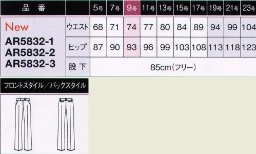 アルファピア AR5832-2-B パンツ　19号(特注)～23号(特注) シワから自由になると、外回りが楽しくなる！ヒップを強調しない、ほどよい股上の美脚シルエット。後ろの股上が深く、前に向かって斜めに流れるウエストラインでヒップアップ効果も。表地、裏地ともにストレッチ素材なので動きやすく、防シワ効果でお手入れが簡単です。「シワの心配がいらないから、忙しい日もラクしてキレイ！」デスクワークに会議、外回り・・・どんなにハードな一日を過ごしてもヒップやお腹まわり、袖などのシワは、もう心配いりません。シワがつきにくく、とれやすいソロテックスのオフィスウェアが働く女性のキレイを、簡単＆快適にサポートします。座りジワがつきにくいから急な外出も安心！曲げジワもいつのまにかなかったことに！『SOLOTEX』優れた防シワ効果お手入れラクで、毎日キレイ！仕事中のお腹まわりやヒップのシワが気にならないのはもちろん、お洗濯後のアイロンかけもラクラク！ソロテックスのオフィスウェアなら、ラクしてキレイな毎日を楽しめます。 ソロテックスは、シワがつきにくい！特に横ジワが入りにくいことに注目！なめらかな肌触りでハリとコシがあり、長時間座ってもお腹まわりやヒップにシワがつきにくく、長時間着続けても、ひじ抜けや膝抜けなどの型くずれを抑えます。 ソロテックスは、シワがとれやすい！霧吹きをかけておけばさらに効果大！糸自身のバネ状の分子構成により、押さえられると元に戻ろうとする働きを発揮します。それが、シワを伸びやすくする理由です。洗濯しても型くずれしにくく、快適な着用感を保ちます。※19・21・23号は受注生産になります。※受注生産品につきましては、ご注文後のキャンセル、返品及び他の商品との交換、色・サイズ交換が出来ませんのでご注意くださいませ。※受注生産品のお支払い方法は、先振込み（代金引換以外）にて承り、ご入金確認後の手配となります。 サイズ／スペック