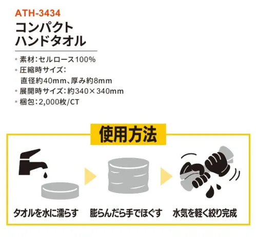 三和 ATH-3434 コンパクトハンドタオル 2000枚 吸水性バツグン!環境対応セルロース100％の圧縮タオル!旅行やアウトドアはもちろん、コンパクト非常用アイテムとしてもおすすめ!※梱包 2000枚※この商品はご注文後のキャンセル、返品及び交換は出来ませんのでご注意下さい。※なお、この商品のお支払方法は、前払いにて承り、ご入金確認後の手配となります。 サイズ／スペック