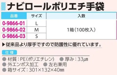 アズワン 0-9866 ナビロールポリエチ手袋(外エンボス加工)(100枚入) 従来品より厚手ですので防護性に優れています。安全性と経済性を追求しました。※1箱（100枚入）。※この商品はご注文後のキャンセル、返品及び交換は出来ませんのでご注意ください。※なお、この商品のお支払方法は、前払いにて承り、ご入金確認後の手配となります。 サイズ／スペック