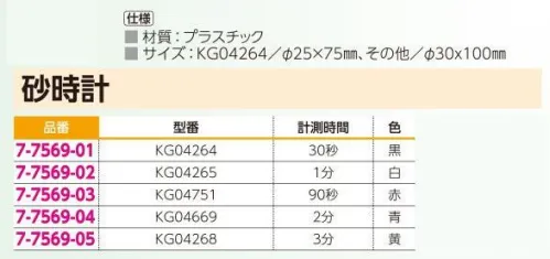 アズワン 7-7569 砂時計 色番号型番計測時間色01KG0426430秒黒02KG042651分白03KG0475190秒赤04KG046692分青05KG042683分黄※この商品はご注文後のキャンセル、返品及び交換は出来ませんのでご注意ください。※なお、この商品のお支払方法は、前払いにて承り、ご入金確認後の手配となります。 サイズ／スペック