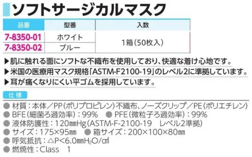 アズワン 7-8350-01 ソフトサージカルマスク ホワイト（50枚入） ◎やわらかな着け心地＆高バリア性◎肌に触れる面にソフトな不織布を使用しており、快適な着け心地です。◎日本産業規格「JIS T 9001 医療用マスク クラスⅡ」に適合しています。◎耳が痛くなりにくい平ゴムを採用しています。◎マスク部分はポリプロピレン不織布の3層構造になっています。（真ん中のフィルター部分はメルトブローン不織布で構成されています。）※1箱（50枚入）※この商品はご注文後のキャンセル、返品及び交換は出来ませんのでご注意ください。※なお、この商品のお支払方法は、前払いにて承り、ご入金確認後の手配となります。 サイズ／スペック