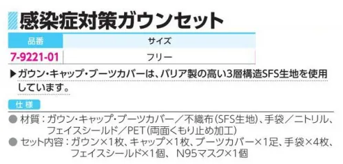 アズワン 7-9221-01 感染症対策ガウンセット ◎ガウン・キャップ・ブーツカバーは、バリア製の高い3層構造SFS生地を使用しています。◎感染症対策に必要なアイテムを1袋にセット。※この商品はご注文後のキャンセル、返品及び交換は出来ませんのでご注意ください。※なお、この商品のお支払方法は、前払いにて承り、ご入金確認後の手配となります。 サイズ／スペック