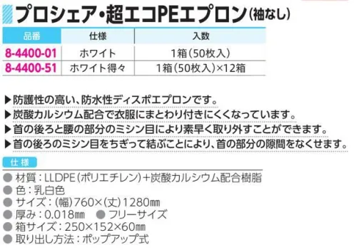 アズワン 8-4400-01 プロシェア 超エコPEエプロン（50枚入） 防御性の高い、防水性ディスポエプロンです。炭酸カルシウム配合で衣服にまとわり付きにくくなっています。首の後ろと腰の部分のミシン目により素早く取り外すことができます。首の後ろのミシン目をちぎって結ぶことにより、首の部分の隙間をなくせます。1箱（50枚入）※この商品はご注文後のキャンセル、返品及び交換は出来ませんのでご注意ください。※なお、この商品のお支払方法は、前払いにて承り、ご入金確認後の手配となります。 サイズ／スペック