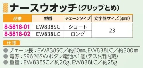 アズワン 8-5818 ナースウオッチ クリップとめ ※この商品はご注文後のキャンセル、返品及び交換は出来ませんのでご注意ください。※なお、この商品のお支払方法は、前払いにて承り、ご入金確認後の手配となります。 サイズ／スペック