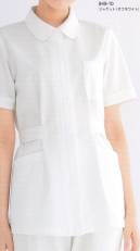 KAZEN 949-10 レディスジャケット半袖 清潔感のあるクレリックの白衿がきりりとした表情。きっちりした印象を与える台衿付きカラー。袖口にも衿と同様、白いパイピングをあしらっています。サイドのボリュームを抑えてシルエットを引き締めるウエストベルト。ニット素材（B01K:シルポート）シワや型くずれが少なく、しっかりした基本性能をベースにつくられた安心感のあるニット素材です。