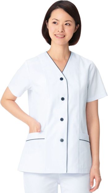 厨房・調理・売店用白衣 半袖白衣 KAZEN APK1355 衿なし調理衣半袖 食品白衣jp