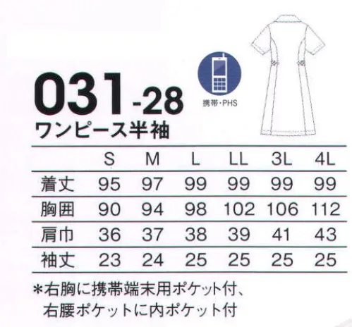 KAZEN 031-28 ワンピース半袖 さまざまな動作が求められる医療現場をサポートするナースウェア。優れた機能性と、着る人をやさしく包み、元気づけるデザイン。着心地のよさもこだわりました。クラシカルなシルエットにWストライプのモダンなデザインが新鮮。首を長く見せるスクエアカット衿。2本のネイビーラインを施し、立体的なデザインに。ウエストのサイズ調整が可能な後ろベルト付。A-Feelやさしい肌触り/アレニエソフトトリコット。「長時間着用するウエアだからこそ、着心地の良いものを着たい」という声から生まれた風合いと肌触りにこだわった素材のグループです。アレニエ。快適な着心地にこだわった、新感覚のストレッチ素材です。高い防透性とソフトな肌触りに、適度なストレッチ性をプラスしました。防透性のメカニズム。高ランダム異型化原糸断面:繊維の芯部分に、光の反射率の高い特殊セラミック微粒子を高濃度添加し、扁平化させた「高ランダム異型化原糸」を配列することにより、高い防透性を発揮します。 サイズ／スペック