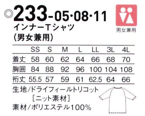 医療白衣com 介護衣 KAZEN カゼン メディカルウェア 2023 七分袖Ｔシャツ KAZEN インナーTシャツ(男女兼用)  233-08