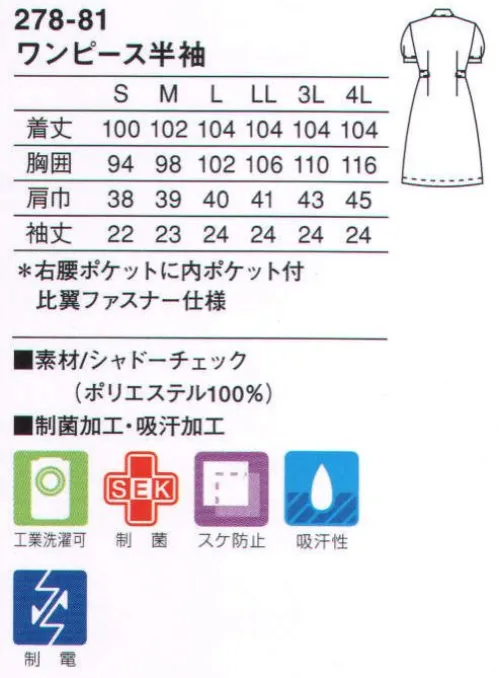 KAZEN 278-81 ワンピース半袖 看護学生衣。ナースを目指す看護学生の皆様向けに若々しくフレッシュなスタイルをご用意。上品なシャドーチェック柄と衿・袖口のホワイトがかわいい爽やかなウェア。 サイズ／スペック