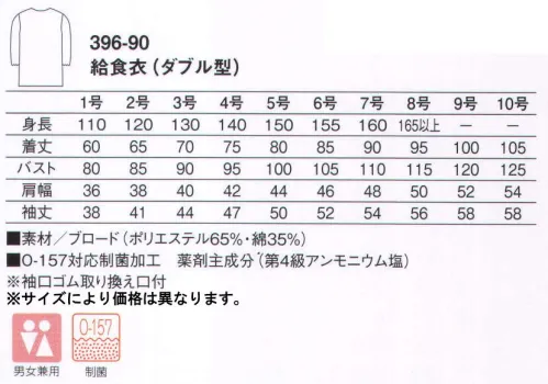 KAZEN 396-90 給食衣（ダブル型） O-157対応制菌素材「抗菌防衣」で、学校給食も楽しく安心。「抗菌防衣」は、病原性大腸菌「O-157」、サルモネラ菌など、目に見えない有害な雑菌の増殖を抑制する耐久制菌加工素材です。繊維に付着した菌の細胞膜を破壊し、新陳代謝機能を阻害することにより、菌の増殖を抑制します。給食をおいしく安心して食べていただくために、KAZENの給食衣にはすべてO-157対応制菌加工を施しています。 サイズ／スペック