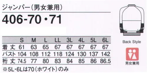 KAZEN 406-70 ジャンパー（男女兼用） 暑い職場環境に対応した安全性と快適性を追求した高機能ユニフォームです。ジャンパーは、異物混入防止の視点から安全機能をワンランクアップさせた、新アイデアの『衿・身頃一体型構造』を採用しています。衿先が開いたり洗濯後に衿が折れてしまうトラブルもなく、異物混入防止に効果的です。胸下部分にはインナーカバー、肘下部分には袖口体毛防止加工袖を標準装備。腕の上げ下げに優れたラグラン袖の男女兼用ジャンパーは、安全性と商品管理の点で優れています。エコエスター1．吸汗・速乾性に優れた特殊断面構造。 2．高い低発塵性を発揮。 3．軽量でしなやかな風合いを実現。 4．ケミカルリサイクルポリエステルを採用。 洗濯耐久性に優れた吸汗速乾機能に、軽涼感とドライタッチを兼ね備えた、高機能繊維を使用。暑い職場環境に向けた多機能エコ素材です。■カリキュロ:糸断面に深い溝を有し、更に繊維軸方向にもランダムな断面形状で繊維間空隙が大きく、軽量感とドライタッチ感を兼ね備えた繊維です。■ウェーブロン:ユニークな四つ山扁平の断面形状により防透性を高め、繊維間空隙に水分を吸い込み、繊維表面の溝が拡散を速めます。 さらに扁平断面のため曲がり易く、独特のしなやかな風合いを実現しました。 ●全て長繊維使いなので、ホコリがつきにくく繊維くずがほとんど発生しません。●回収した衣料品等を原料段階まで戻してから製造した、ケミカルリサイクル繊維を使用しています。※「SSサイズ」は、販売を終了致しました。 サイズ／スペック