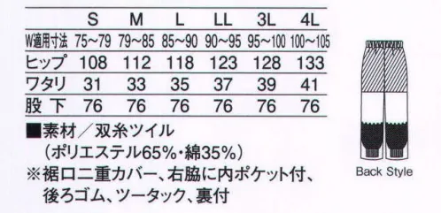 KAZEN 438-20 スラックス（メンズ/後ゴム） 耐久性に優れた双糸ツイル素材を使用した食品工場向けのメンズスラックスです。安全性に考慮し、裾口には異物混入防止に効果的な二重カバーをつけています。裏付仕様となります。 サイズ／スペック