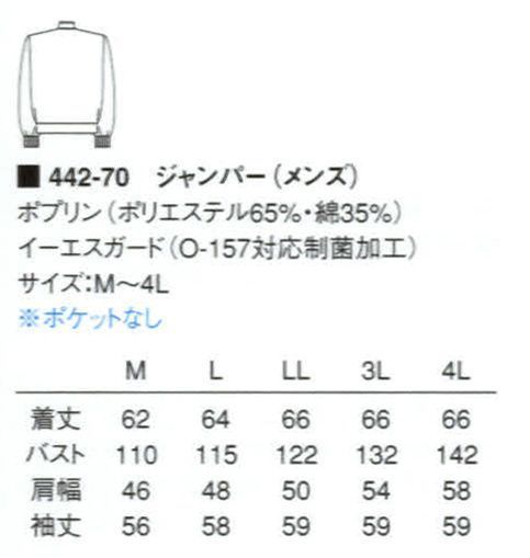 KAZEN 442-70 メンズジャンパー（長袖） 形態安定性を追及したポプリン素材は、着用感が良く耐工業洗濯性に優れています。ジャンパーの袖口フライスは腕にやさしくフィットし、異物混入防止に効果を発揮します。夏用や暑さ対策用としてもおすすめです。 サイズ／スペック