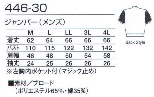 KAZEN 446-30 ジャンパー（メンズ） 細番手の糸を高密度に織り上げたブロード素材は、清涼感があり高温・高湿度の環境に最適な素材です。安全性を考慮し制菌加工を施してあります。形も半袖・長袖タイプ、ブルゾン・チュニックタイプと多彩。デザインも管理者用内ポケット付や体毛防止加工を施した商品など目的に合わせてお選びください。 サイズ／スペック