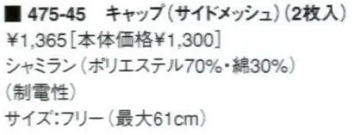 KAZEN 475-45 キャップ（サイドメッシュ・2枚入） ※代替商品は 475-46 になります。 サイズ／スペック