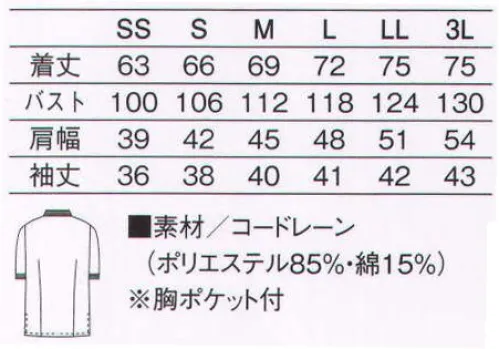 KAZEN 615-86 コックシャツ 厨房のコックコートをアレンジしたコックシャツは、清潔感のあるスタイル。デリやスウィーツ、ベーカリーなど食品を扱う売り場や、カジュアルなレストランに。黒のボタンとせみダル部のプリーツ風に仕立てた二重仕様の打ち合わせを組み合わせたフロント部分が印象的なコックシャツ。「白」をベースに、衿と袖口にグレーを配した清潔感のあるスタイルです。カフェ・レストランなどトレンドを意識した食のシーンに最適な、オリジナリティあふれるデザインです。・プリーツ風に仕立てた二重仕様のフロントデザイン。・左胸ポケット付き。・裾口スリット入り。 サイズ／スペック