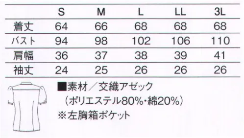 KAZEN 619-05 パフスリーブブラウス このNYはパリに通じている。限りなくシックなのに、限りなくキュート。相反するイメージを両立した、女性スタッフ待望の一着。叶えるのは、パリの街角でも映えそうなパフスリーブ。スタンドカラーと第1ボタンが描く絶妙なVゾーンやウエストラインが、洗練されたキュートを演出する。さらに新素材「アゼック」が、ソフトな肌触りや速乾性も実現。新しい流れは、いつもNew Yorkから。国籍も人種も超えたアーティストやクリエーターが触発し合い、つねに新たなムーブメントが沸き上がる場所、New York。切り取ったのは、その濃密なエナジーと摩天楼が放つ一瞬の「光と陰」。ブランドを一新し、ますます注目されるKAZENから、さらにクール＆モダンな新作モノトーンシリーズ「KAZEN New York」誕生！新たなセンスと創作力で時代を切り開く、気鋭のオーナーやシェフたちへ。交織アゼック体温や室内外温度差に関係なく、常に爽やかな着心地の「新快適」素材です。混率や太さ（番手）の異なる紡績糸を「校倉造」のように立体的に配置することにより、優れた通気性と吸汗・速乾性を実現しました。 サイズ／スペック